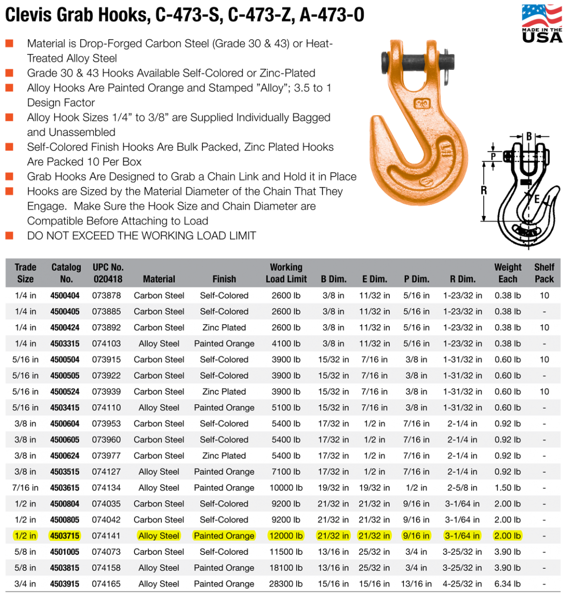 1/2 inch Campbell 473A Alloy Clevis Grab Hook Wesco Industries